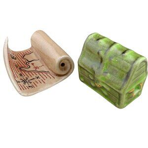 Vintage 1950s Arcadia Salt & Pepper Shakers Treasure Map & Green Chest Ceramic S